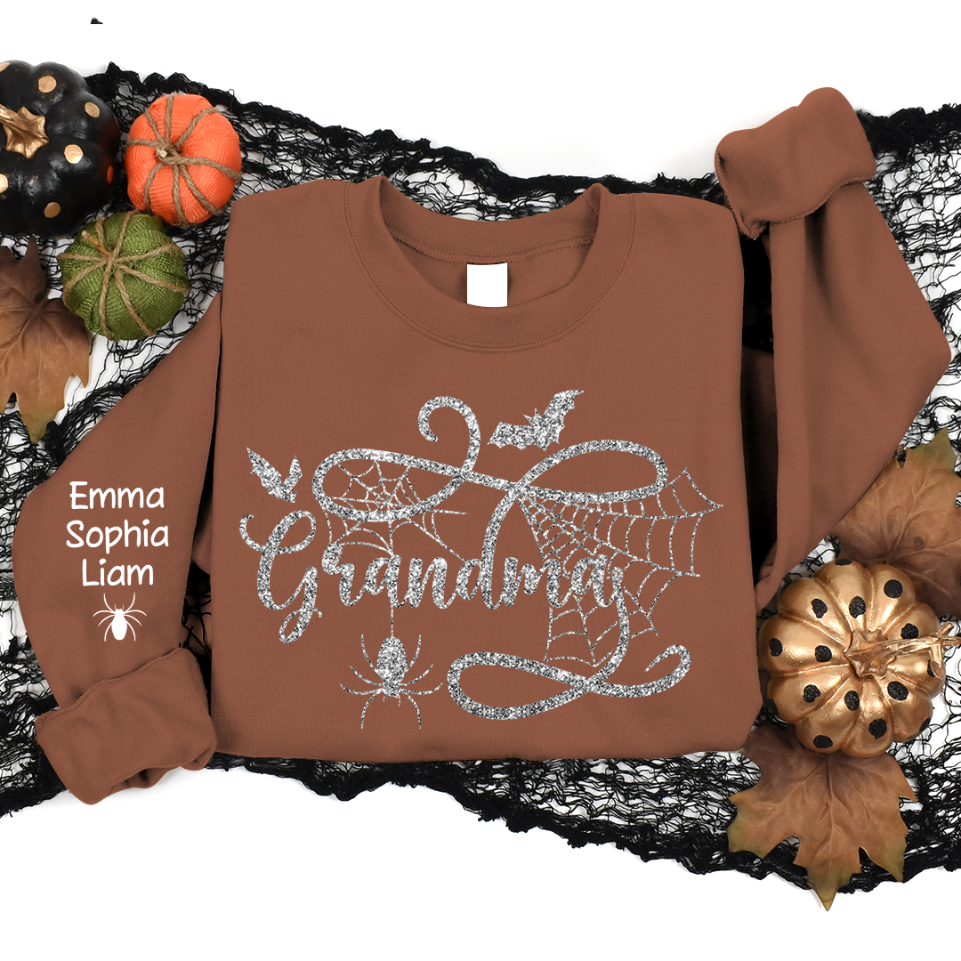 Custom Grandma Halloween With Grandkids Glitter Sweatshirt