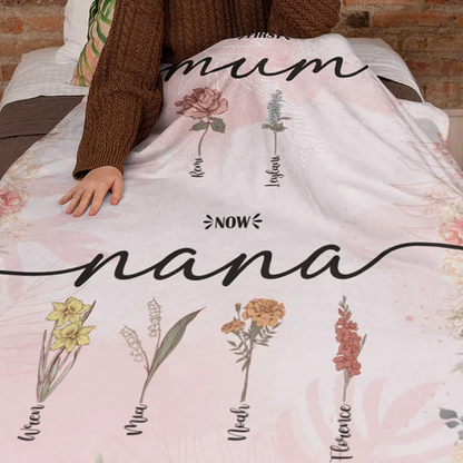 Personalised First Mom Now Grandma Birth Flower Fleece Blanket with Kid Names Women's Day Mother's Day Gift for Grandma Mom