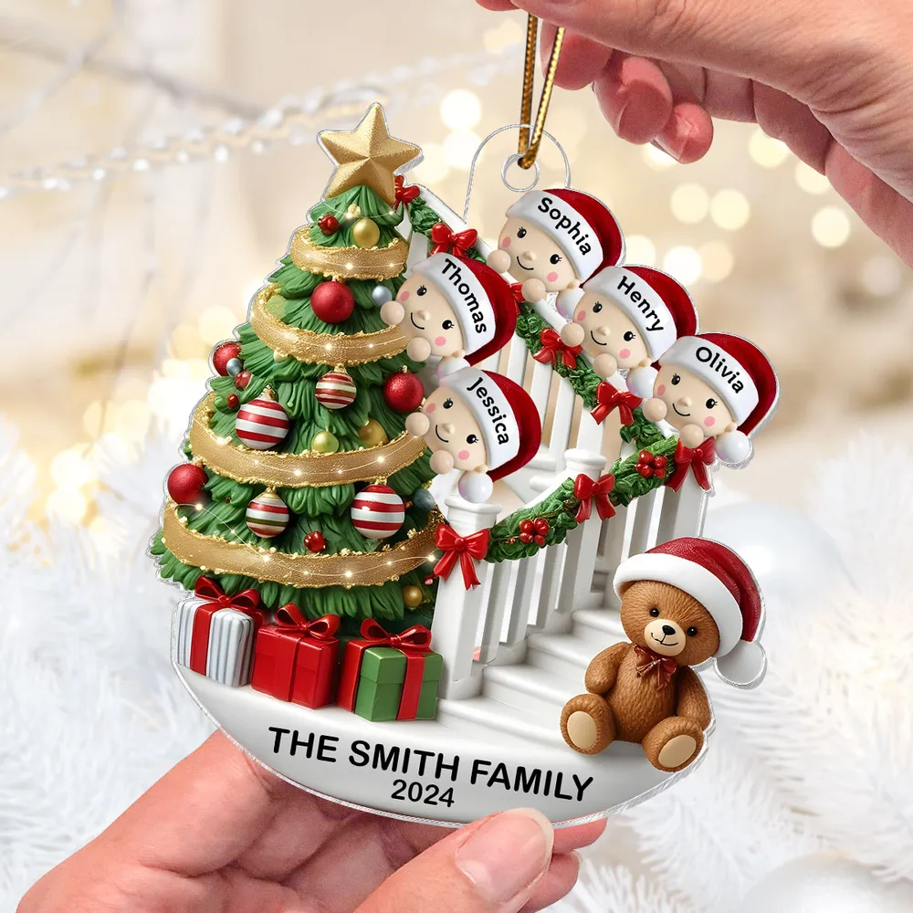 Family Members On Christmas Stairs 3D Effect Personalized Acrylic Flat Ornament