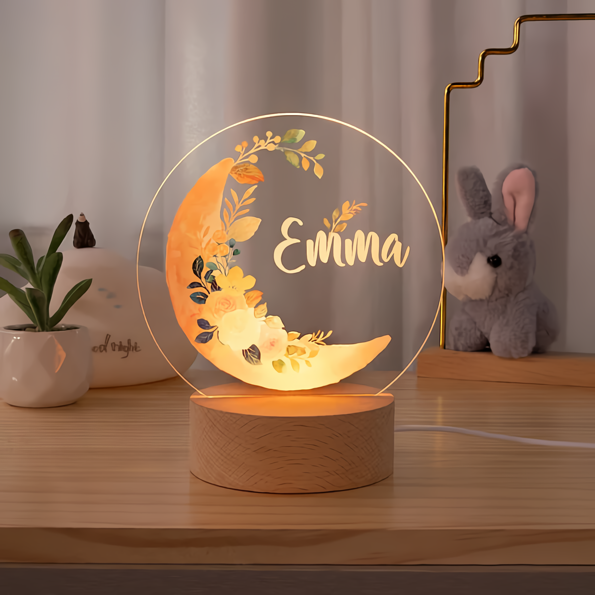 Personalised Moon Floral Pattern Nursery LED Night Light with Wooden Base Name Children's Room Decor Baby Shower Birthday Gift for Kid