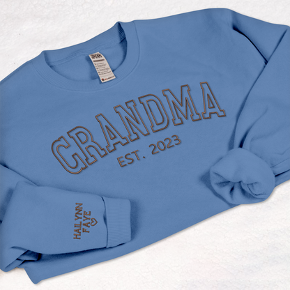 Personalized Grandma Embroidered Sweatshirt, Custom Grandma Est And Kids Name On Sleeve Sweatshirt, Mother's Day Gift For Grandma Mimi Nana Gigi Gaga