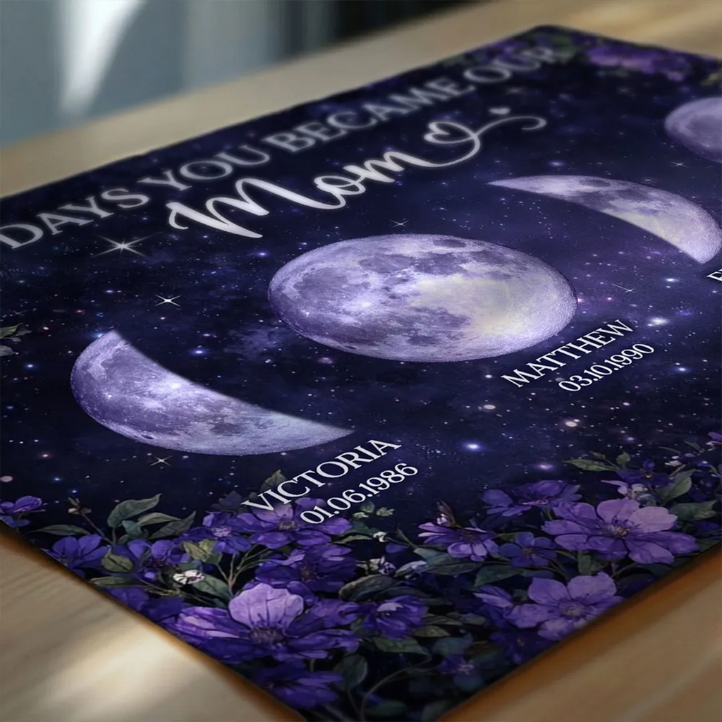 Purple Flowers The Day You Became Mom Grandma Custom Birth Moon Phase - Personalized Poster - Mother's Day Gift For Mom, Grandma