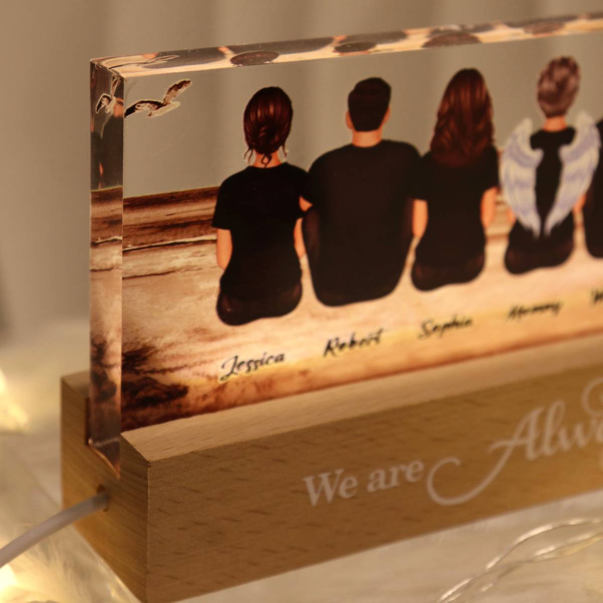 Always With You Family Sitting Retro Vintage Beach Landscape Memorial Personalized Acrylic Block LED Night Light