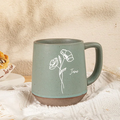 Personalised Birth Flower Retro Handmade Stoneware 12oz Mug with Name Housewarming Birthday Mother's Day Gift for Mom Grandma