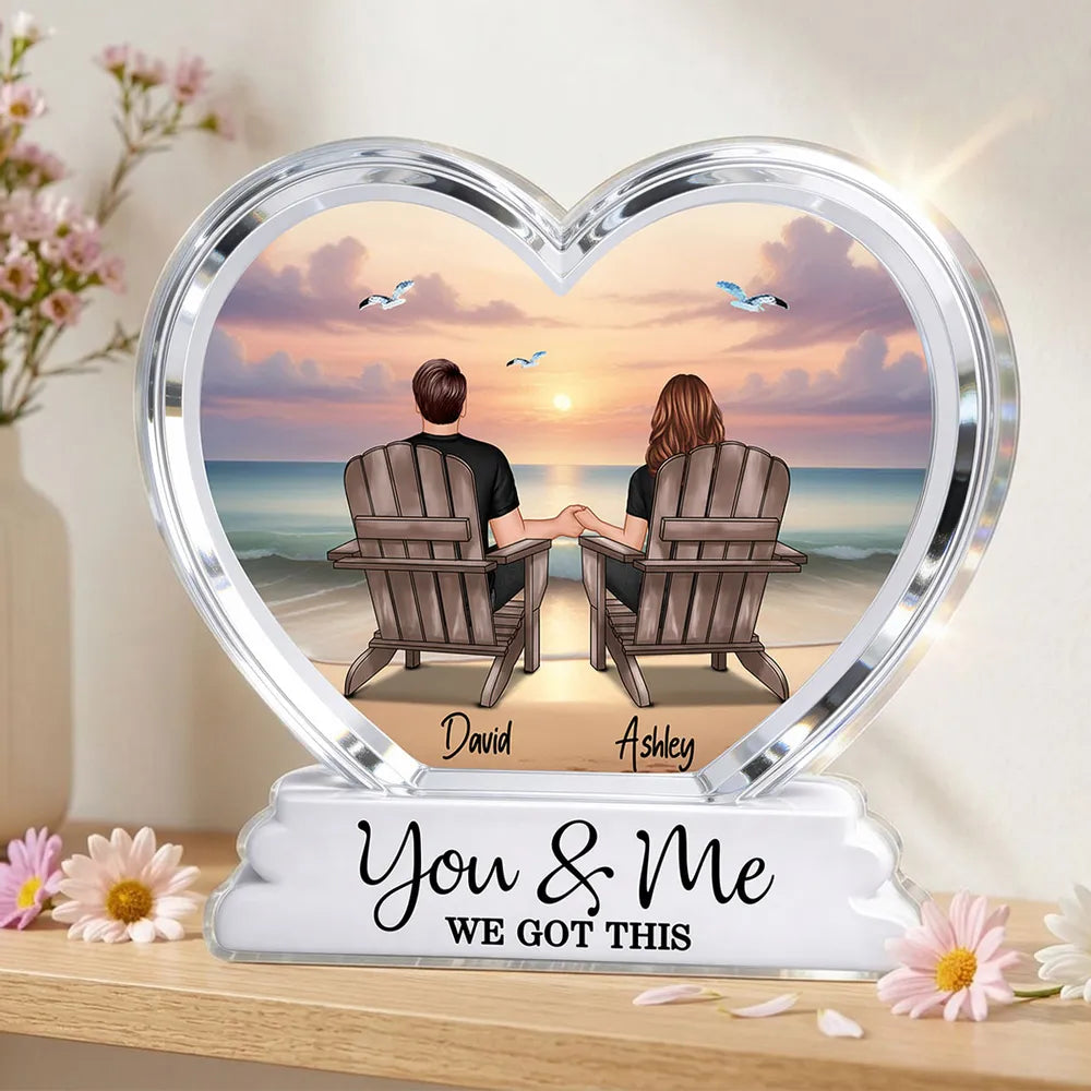 Couple Sitting Back View Beach Landscape 2D Flat - Personalized Acrylic Block Plaque - Anniversary, Birthday Gift For Him, Gift For Her