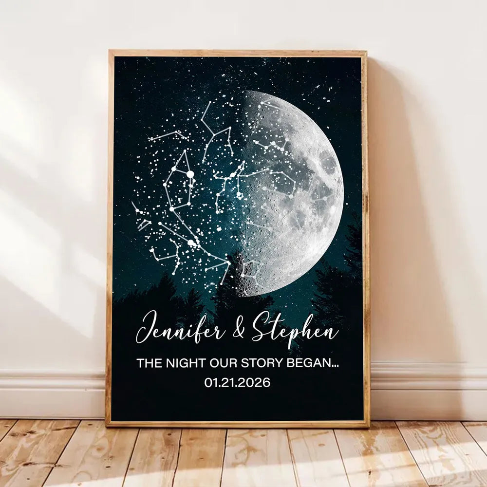 Custom Moon Phase & Star Map by Date - Personalized Poster - Heartfelt Anniversary Gift, Valentine's Day Gift for Her, for Him