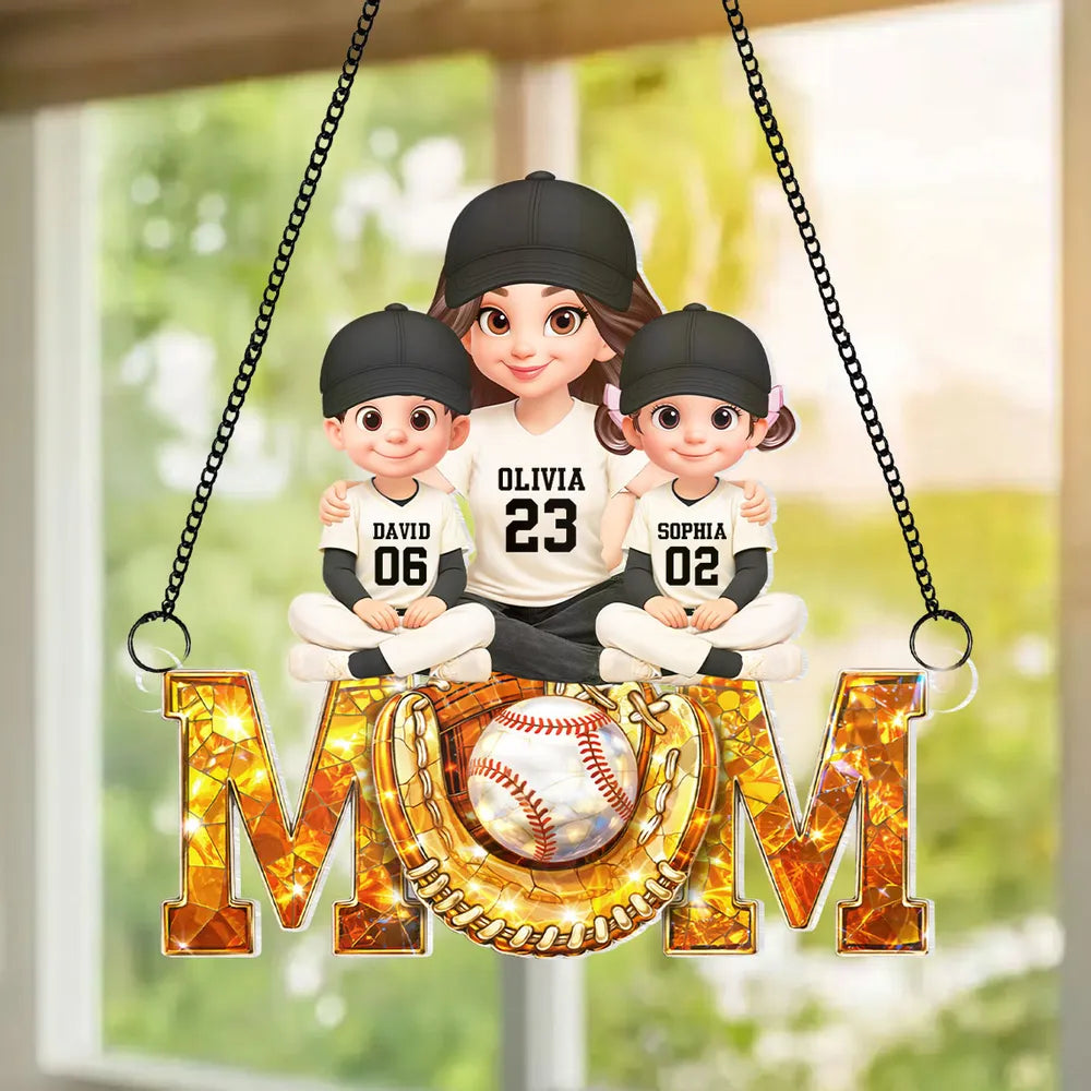 Baseball Mom And Kids Sitting We Caught The Best Mom - Personalized Suncatcher - Heartfelt Mother's Day Gift for Mom, Wife