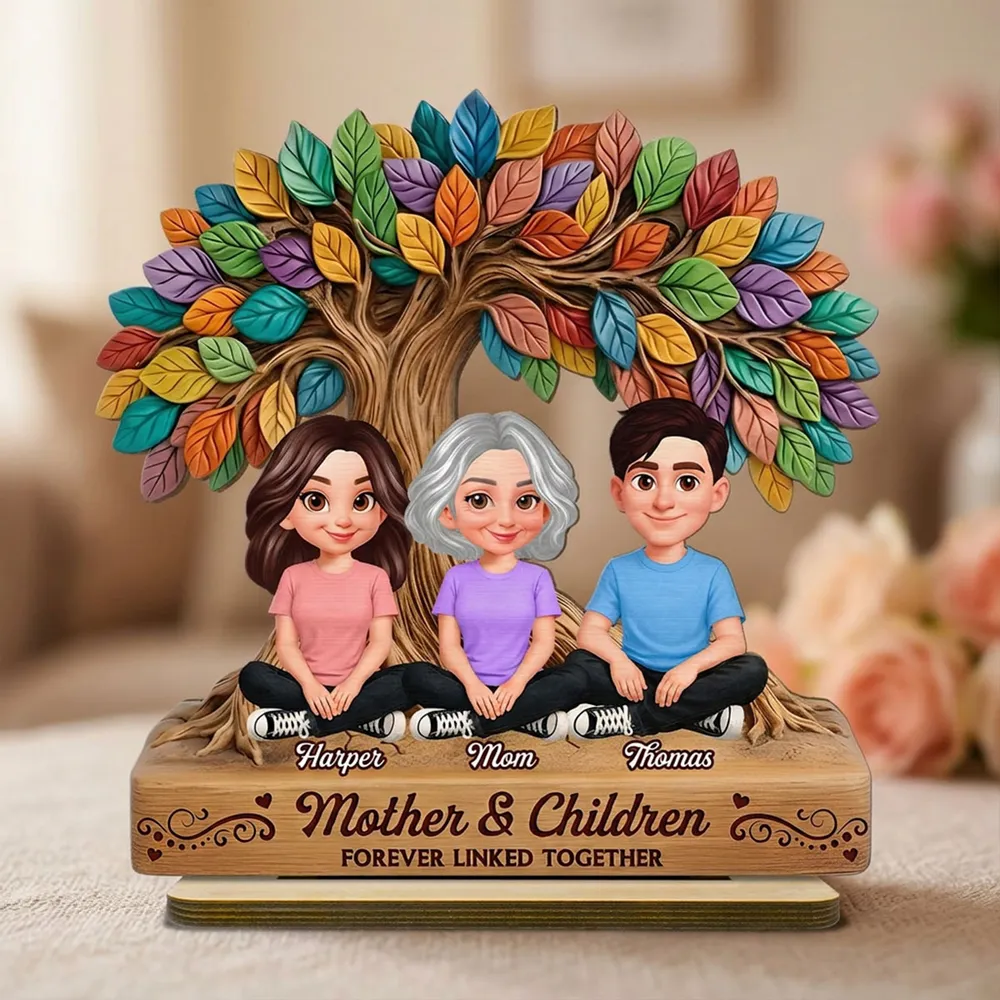 Mom And Son Daughter Under Colorful Tree Of Life - Personalized Wooden Plaque - Gift For Mom