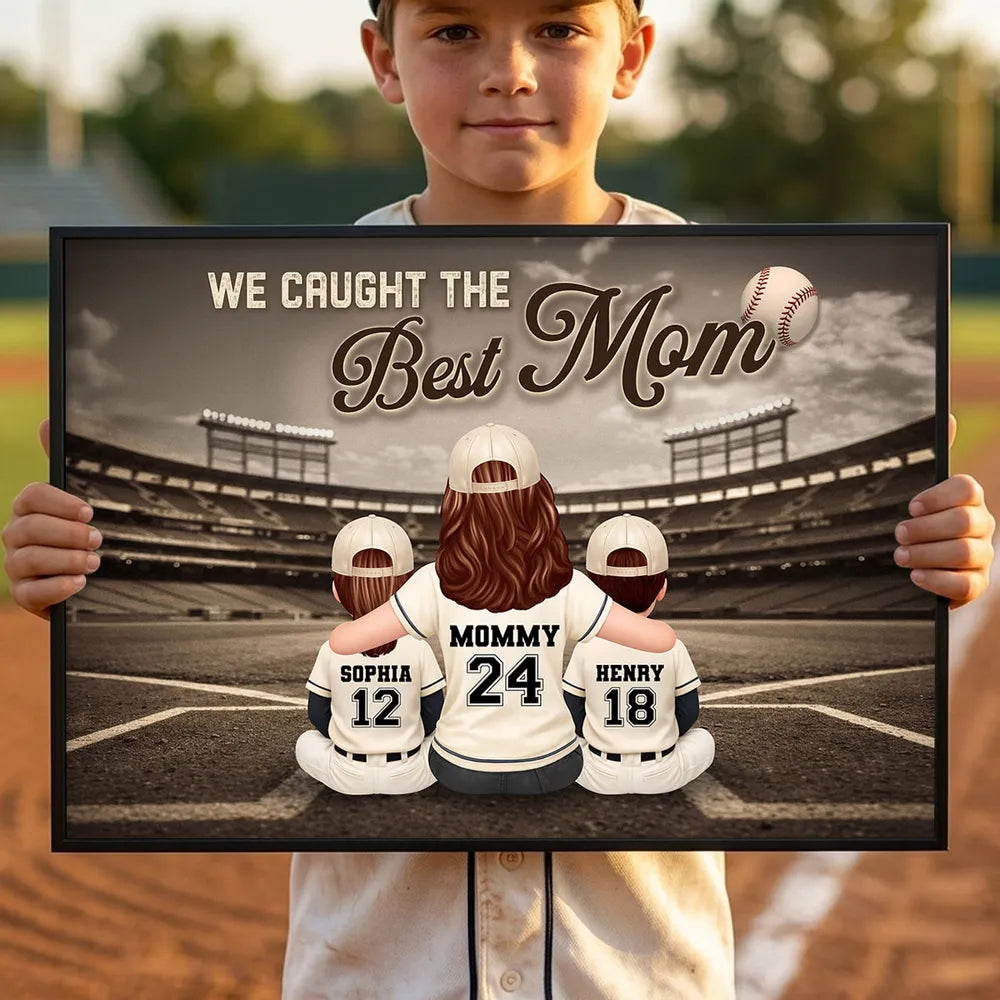Baseball Mom And Kids Retro Wall Art - Personalized Poster - Sentimental Mother's Day Keepsake for Mom, Wife