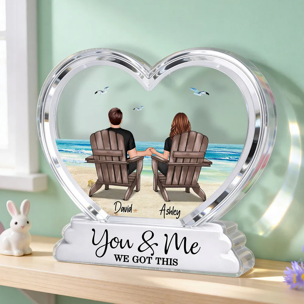Couple Sitting Back View Beach Landscape 2D Flat - Personalized Acrylic Block Plaque - Anniversary, Birthday Gift For Him, Gift For Her