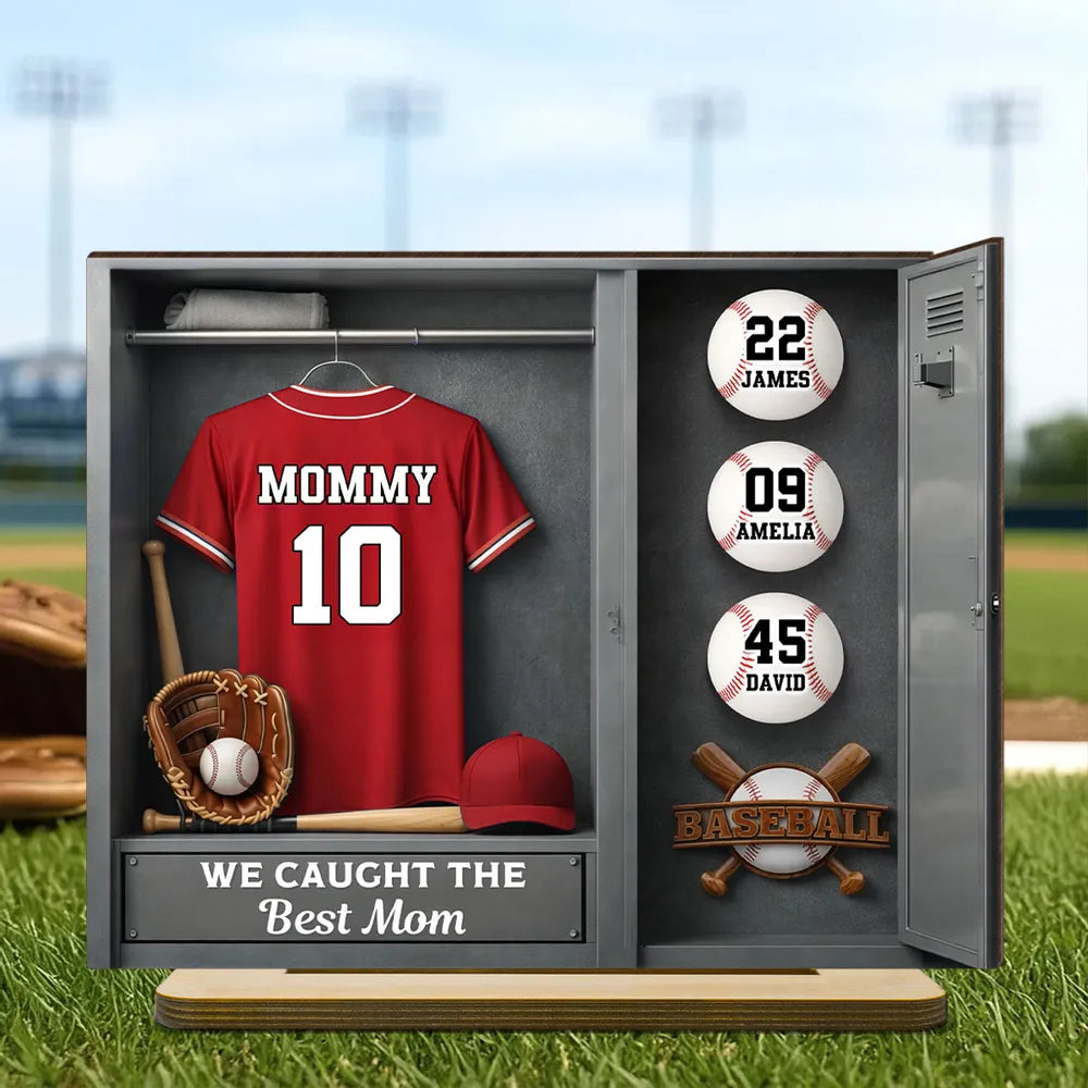 Mom Kids Baseball Locket Room - Personalized 2-Layered Wooden Plaque - Gift For Mom
