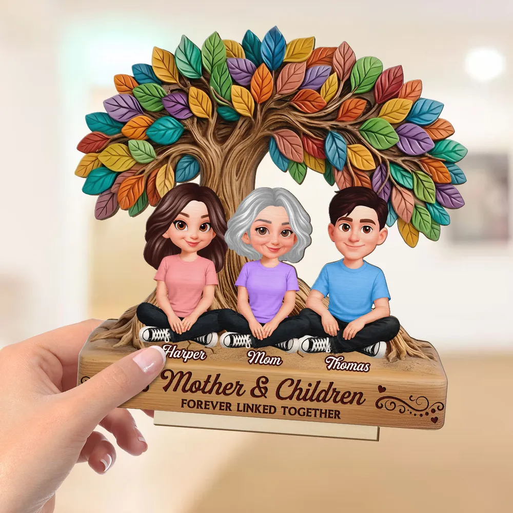 Mom And Son Daughter Under Colorful Tree Of Life - Personalized Wooden Plaque - Gift For Mom