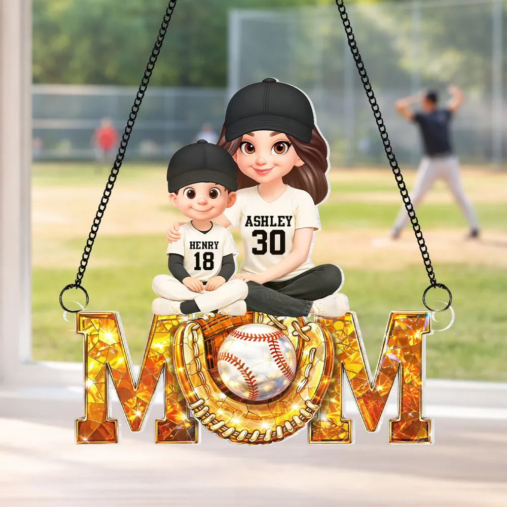 Baseball Mom And Kids Sitting We Caught The Best Mom - Personalized Suncatcher - Heartfelt Mother's Day Gift for Mom, Wife