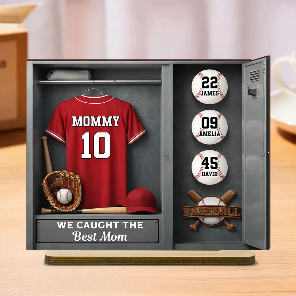 Mom Kids Baseball Locket Room - Personalized 2-Layered Wooden Plaque - Gift For Mom