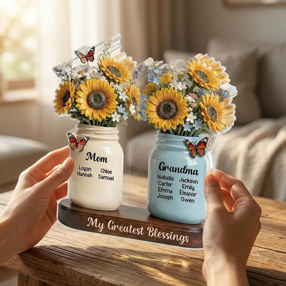 Mom Grandma Sunflowers Jars Custom Names 2D Flat - Personalized Acrylic Block Plaque