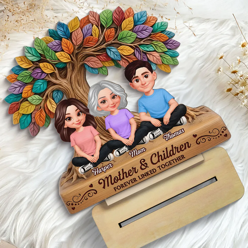 Mom And Son Daughter Under Colorful Tree Of Life - Personalized Wooden Plaque - Gift For Mom
