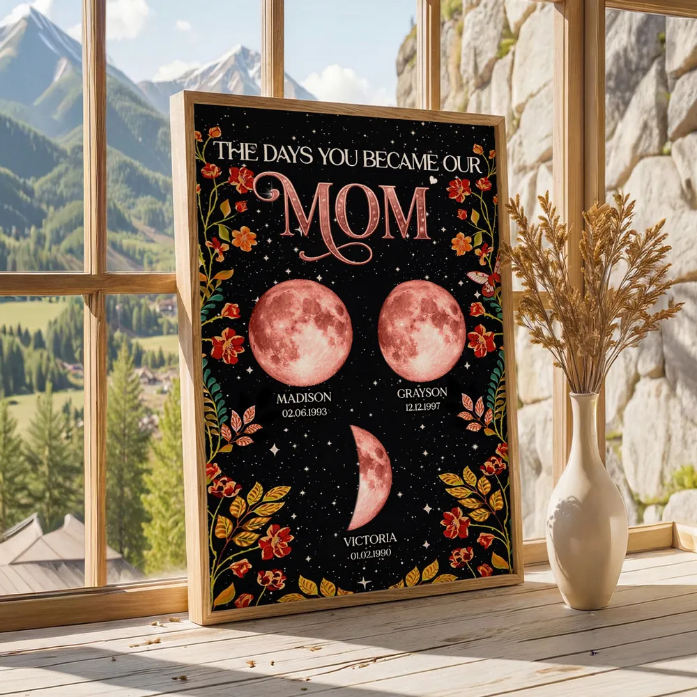 Floral Theme The Day You Became Mom Grandma Custom Birth Moon Phase - Personalized Poster - Mother's Day Gift For Mom, Grandma