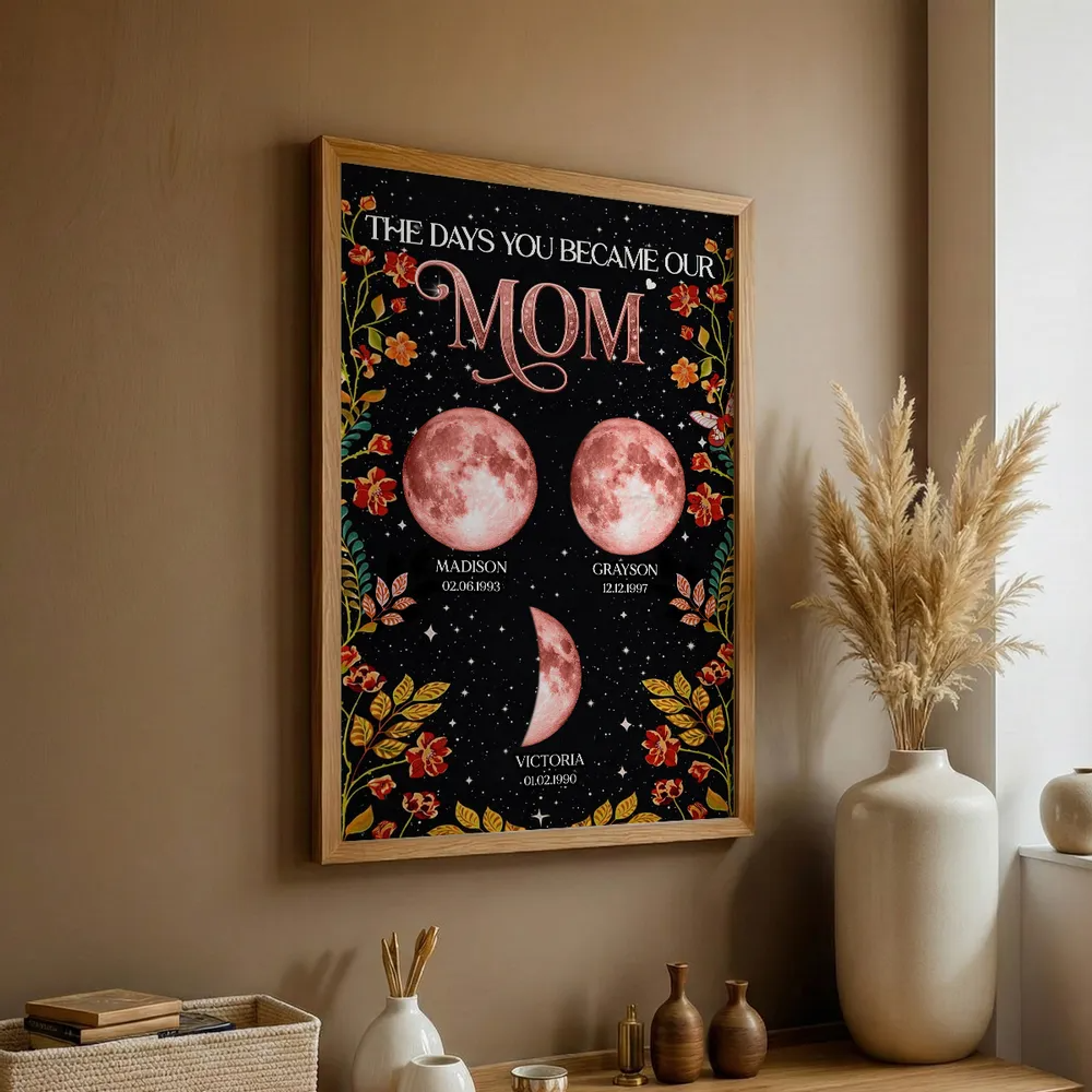 Floral Theme The Day You Became Mom Grandma Custom Birth Moon Phase - Personalized Poster - Mother's Day Gift For Mom, Grandma