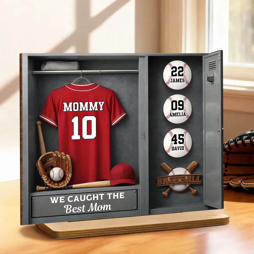 Mom Kids Baseball Locket Room - Personalized 2-Layered Wooden Plaque - Gift For Mom