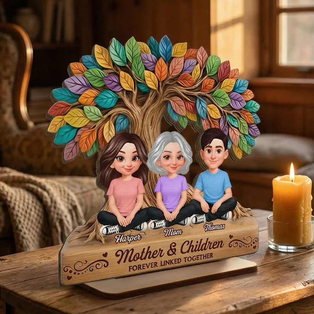 Mom And Son Daughter Under Colorful Tree Of Life - Personalized Wooden Plaque - Gift For Mom