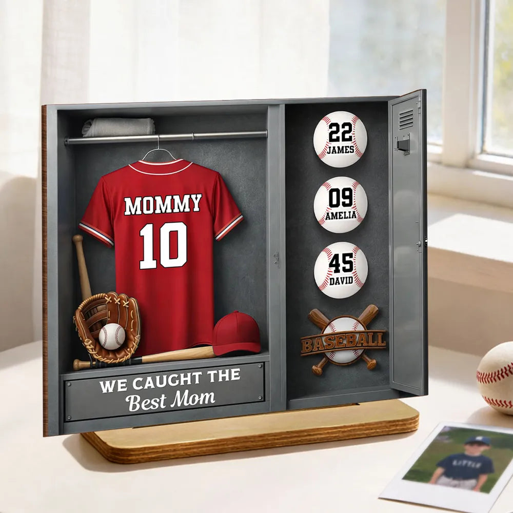 Mom Kids Baseball Locket Room - Personalized 2-Layered Wooden Plaque - Gift For Mom