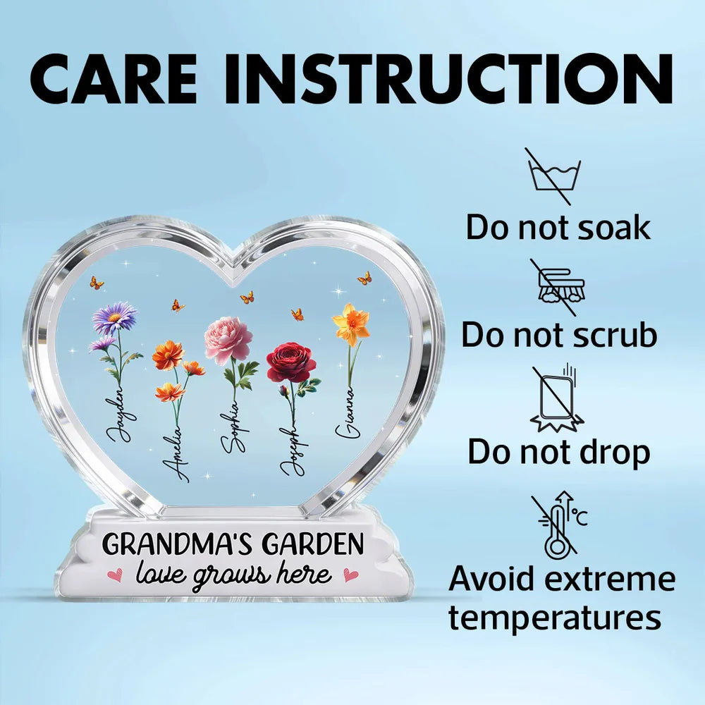 Grandma's Garden Birth Month Flowers In Heart 2D Flat - Personalized Acrylic Block Plaque - Gift For Grandma