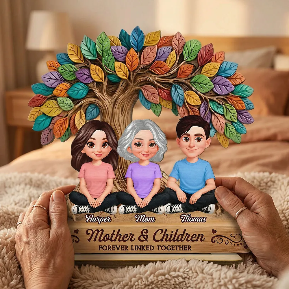 Mom And Son Daughter Under Colorful Tree Of Life - Personalized Wooden Plaque - Gift For Mom