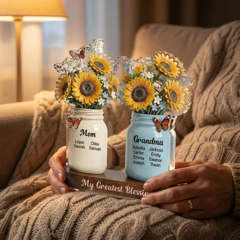 Mom Grandma Sunflowers Jars Custom Names 2D Flat - Personalized Acrylic Block Plaque