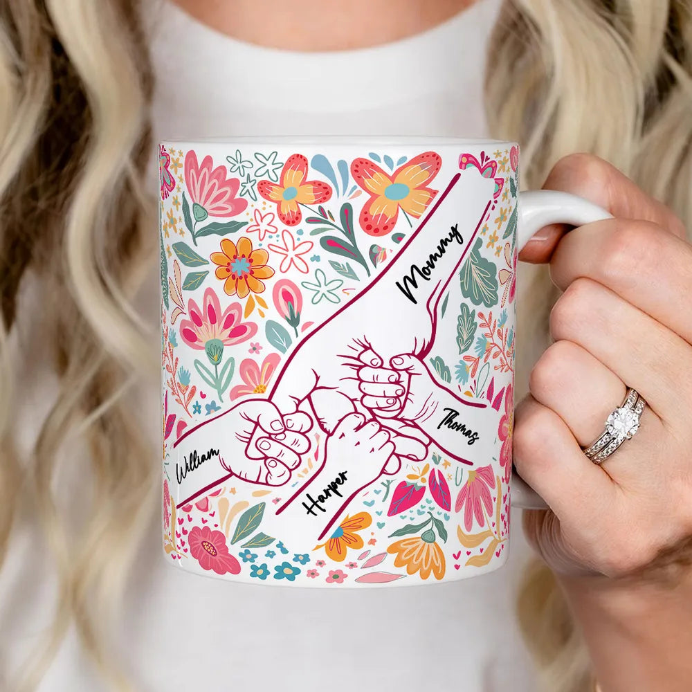 Kids Holding Hand Outline Floral Boho - Personalized Mug - Mother's Day Gift For Mom Grandma