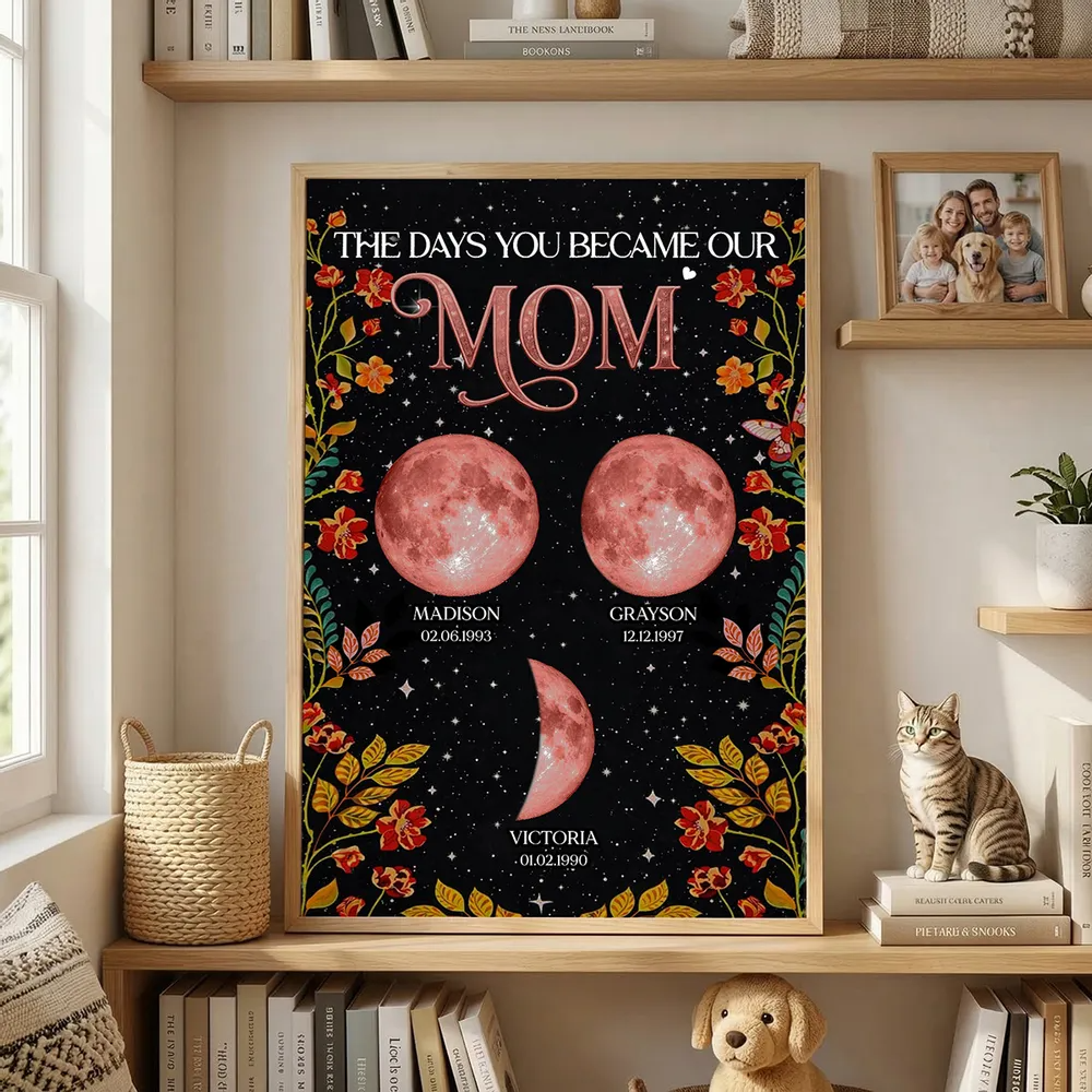 Floral Theme The Day You Became Mom Grandma Custom Birth Moon Phase - Personalized Poster - Mother's Day Gift For Mom, Grandma