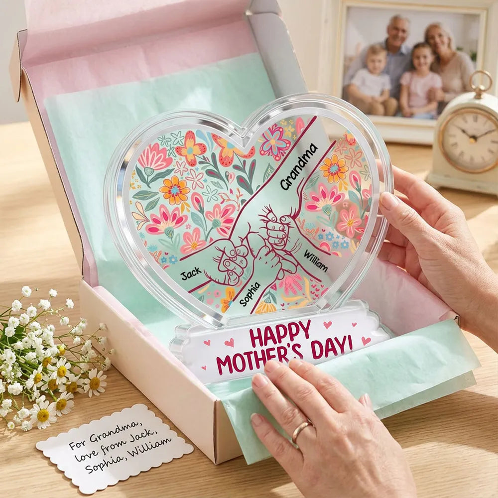 Kids Holding Hand Floral Boho 2D Flat - Personalized Acrylic Block Plaque - Mother's Day Gift For Mom Grandma