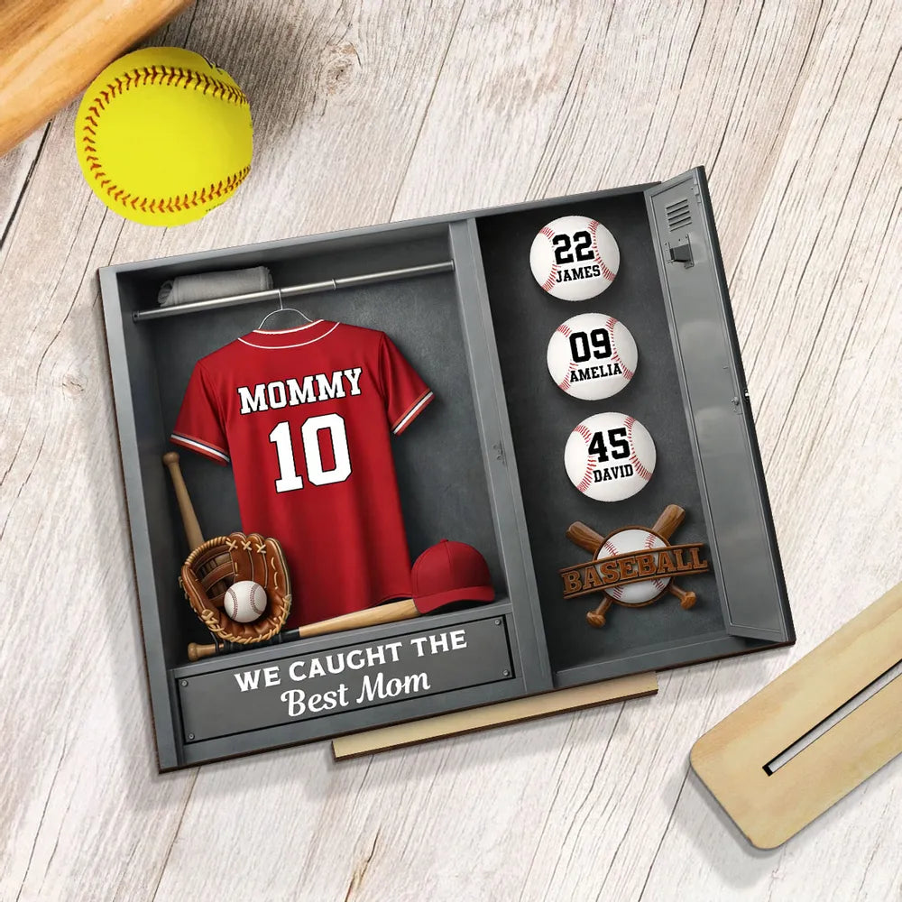 Mom Kids Baseball Locket Room - Personalized 2-Layered Wooden Plaque - Gift For Mom