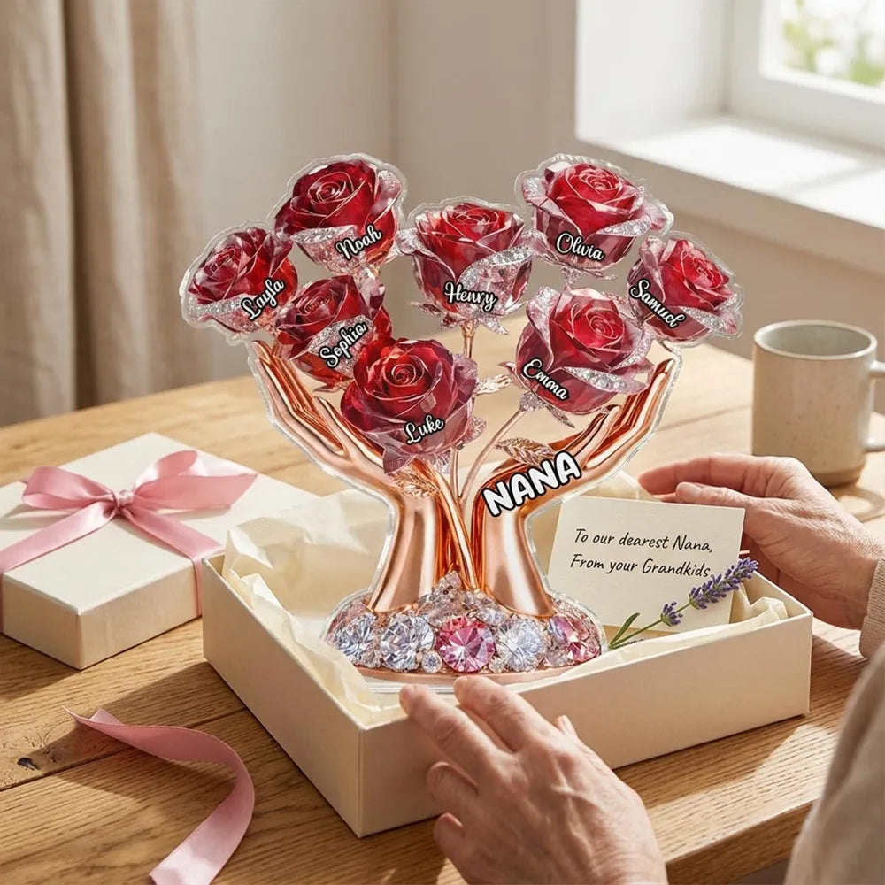Grandma Hands Roses - Personalized Acrylic Block Plaque - Mother's Day Gift For Grandma