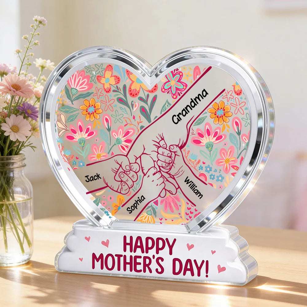 Kids Holding Hand Floral Boho 2D Flat - Personalized Acrylic Block Plaque - Mother's Day Gift For Mom Grandma