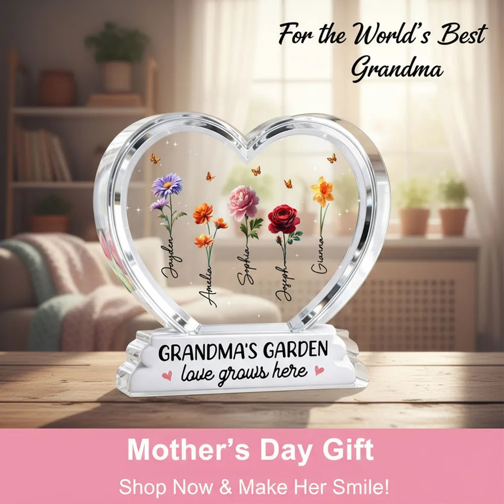 Grandma's Garden Birth Month Flowers In Heart 2D Flat - Personalized Acrylic Block Plaque - Gift For Grandma