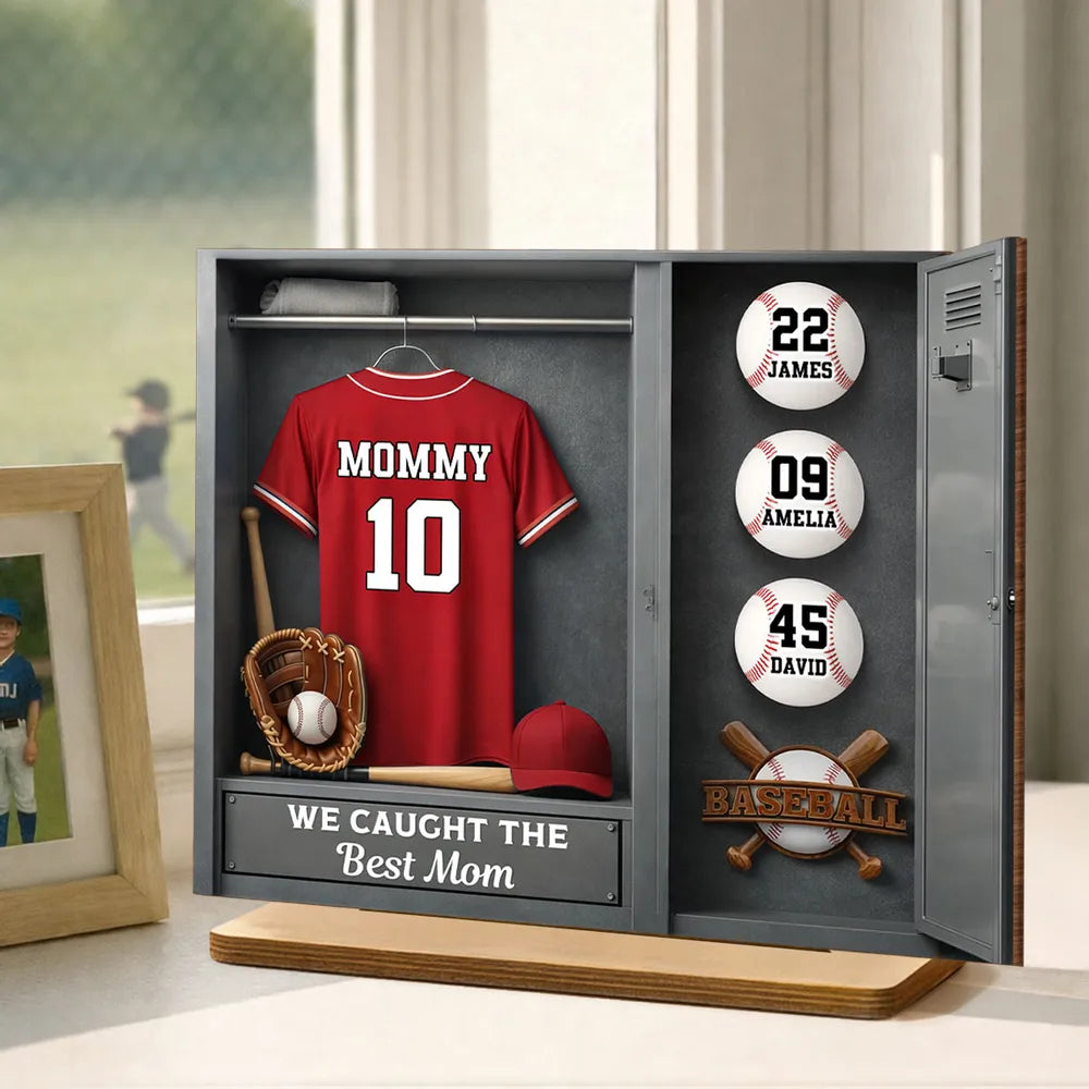 Mom Kids Baseball Locket Room - Personalized 2-Layered Wooden Plaque - Gift For Mom