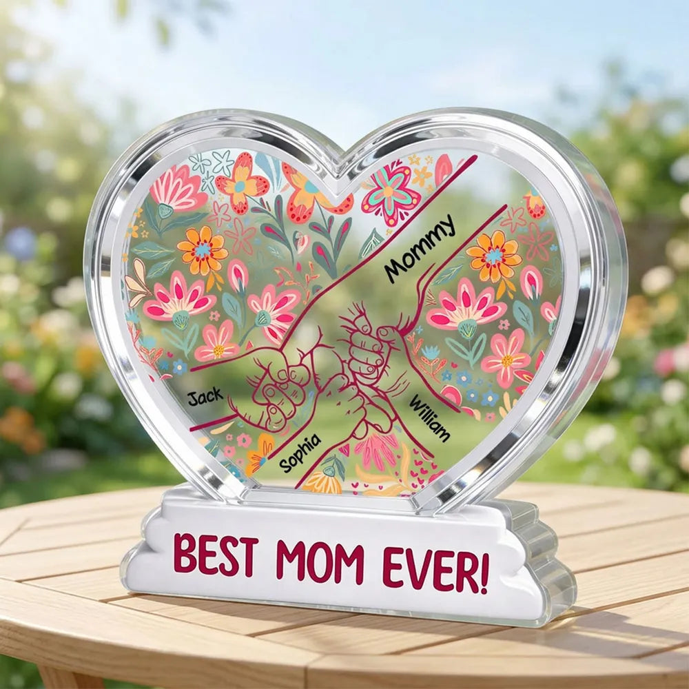 Kids Holding Hand Floral Boho 2D Flat - Personalized Acrylic Block Plaque - Mother's Day Gift For Mom Grandma