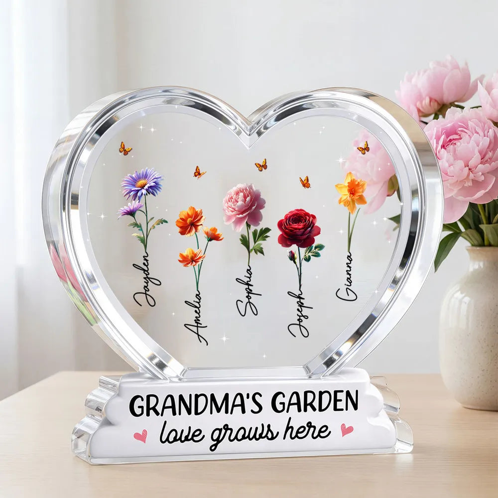 Grandma's Garden Birth Month Flowers In Heart 2D Flat - Personalized Acrylic Block Plaque - Gift For Grandma