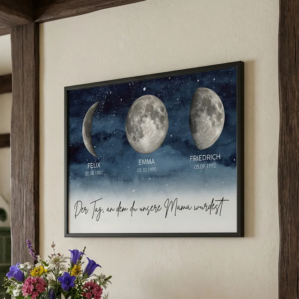 Sternennacht - Der Tag, an dem du Mama wurdest - Personalisiertes Poster mit Geburtsmondphase