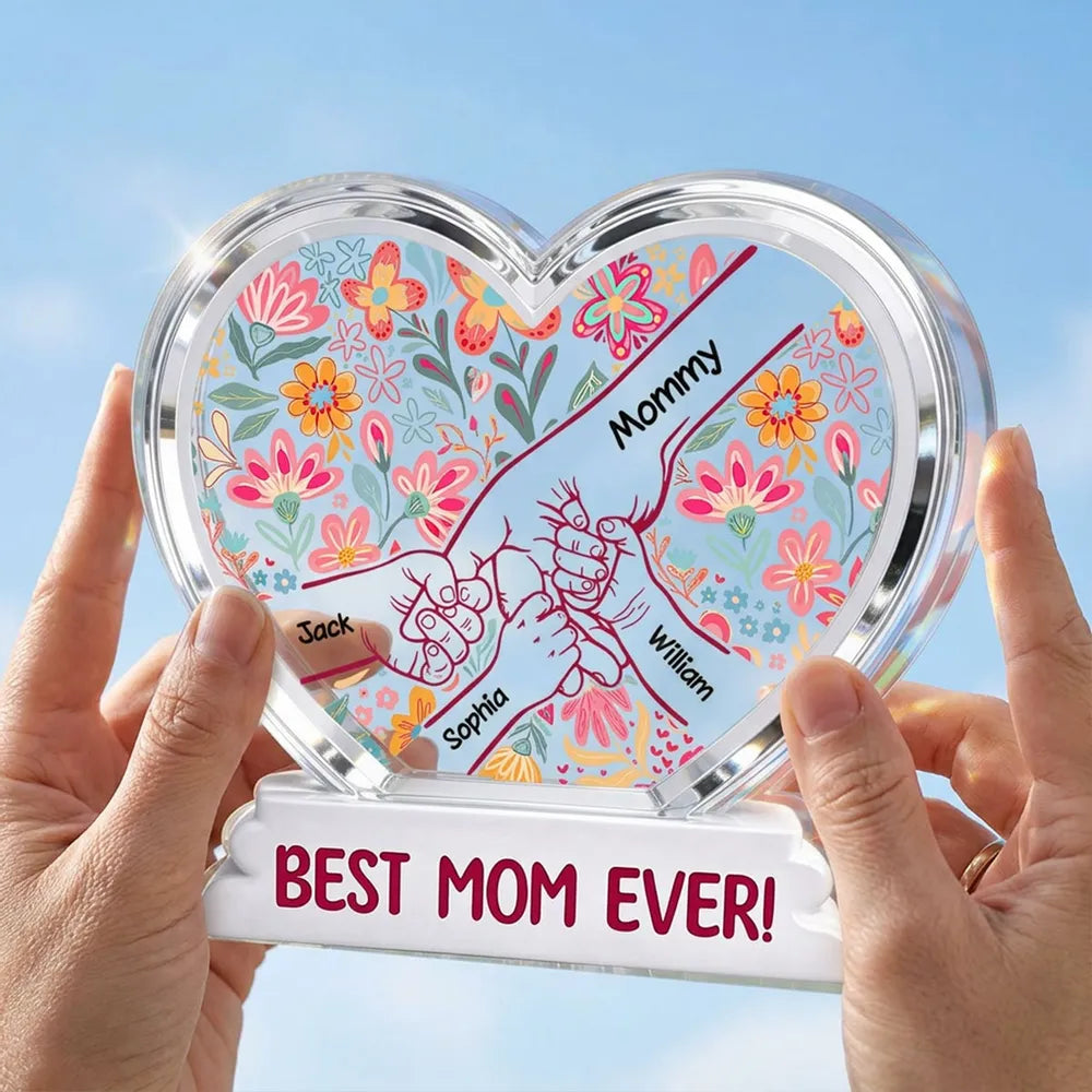Kids Holding Hand Floral Boho 2D Flat - Personalized Acrylic Block Plaque - Mother's Day Gift For Mom Grandma