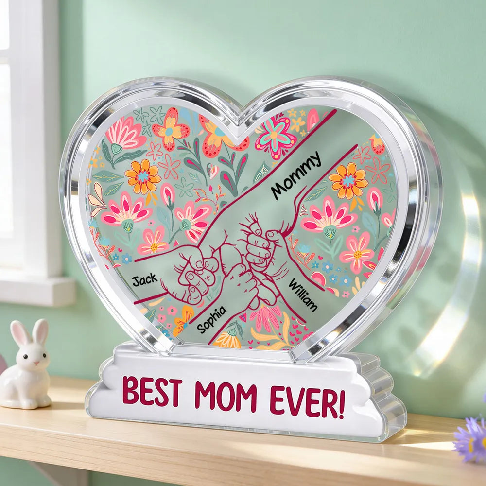 Kids Holding Hand Floral Boho 2D Flat - Personalized Acrylic Block Plaque - Mother's Day Gift For Mom Grandma