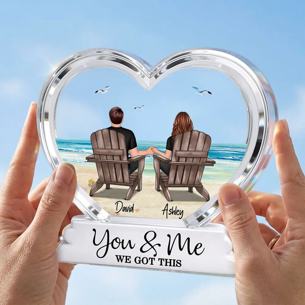 Couple Sitting Back View Beach Landscape 2D Flat - Personalized Acrylic Block Plaque - Anniversary, Birthday Gift For Him, Gift For Her