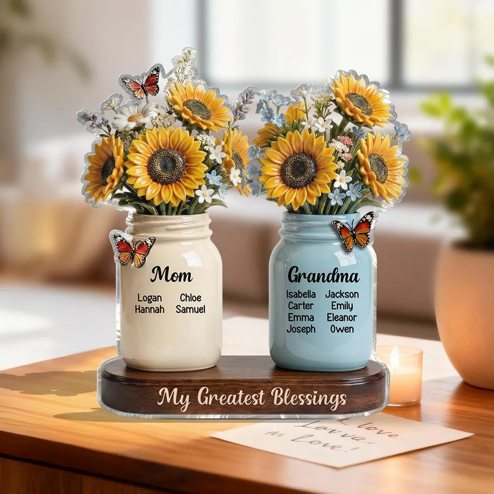 Mom Grandma Sunflowers Jars Custom Names 2D Flat - Personalized Acrylic Block Plaque