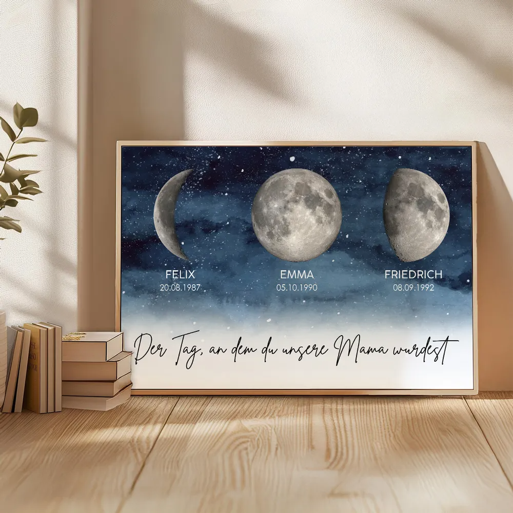 Sternennacht - Der Tag, an dem du Mama wurdest - Personalisiertes Poster mit Geburtsmondphase