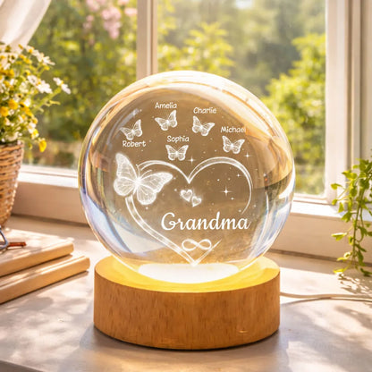 Grandma Butterfly Hearts with Grandkids' Names - Personalized Crystal Ball LED Night Light - Sentimental Gift for Grandma
