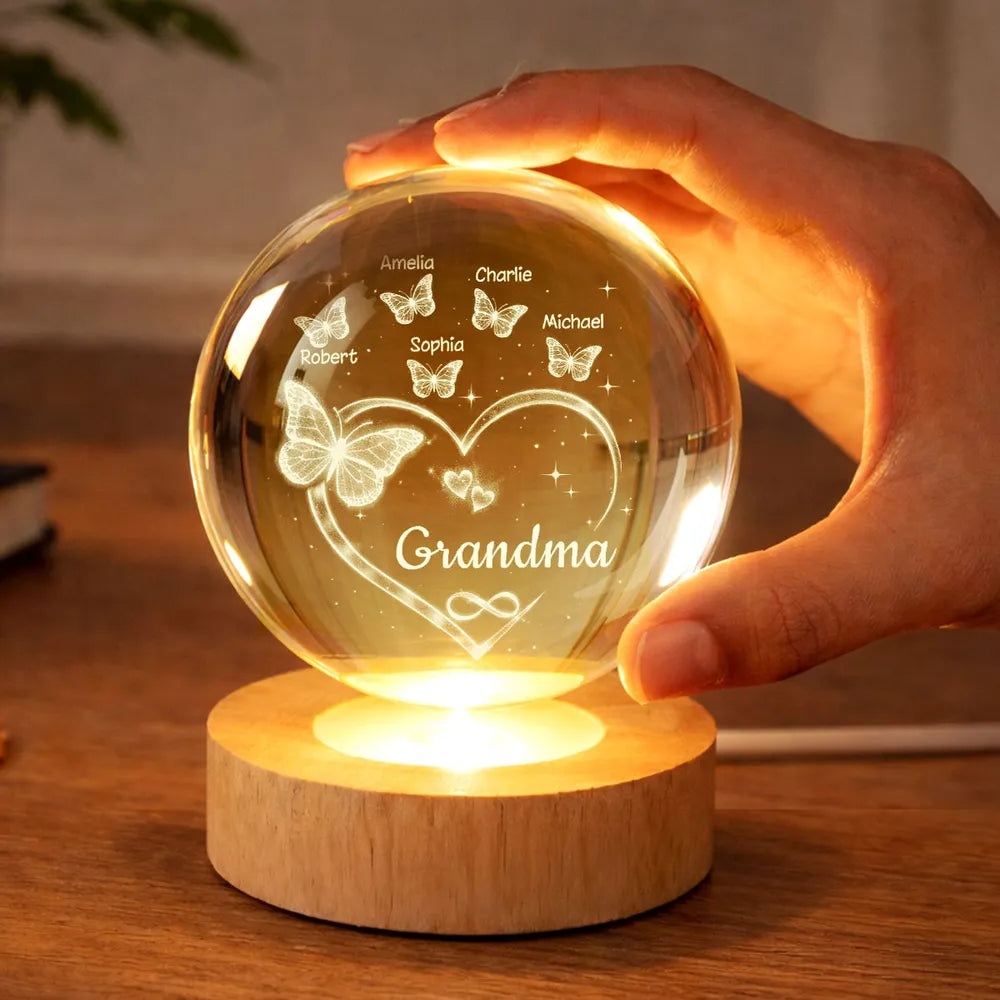 Grandma Butterfly Hearts with Grandkids' Names - Personalized Crystal Ball LED Night Light - Sentimental Gift for Grandma