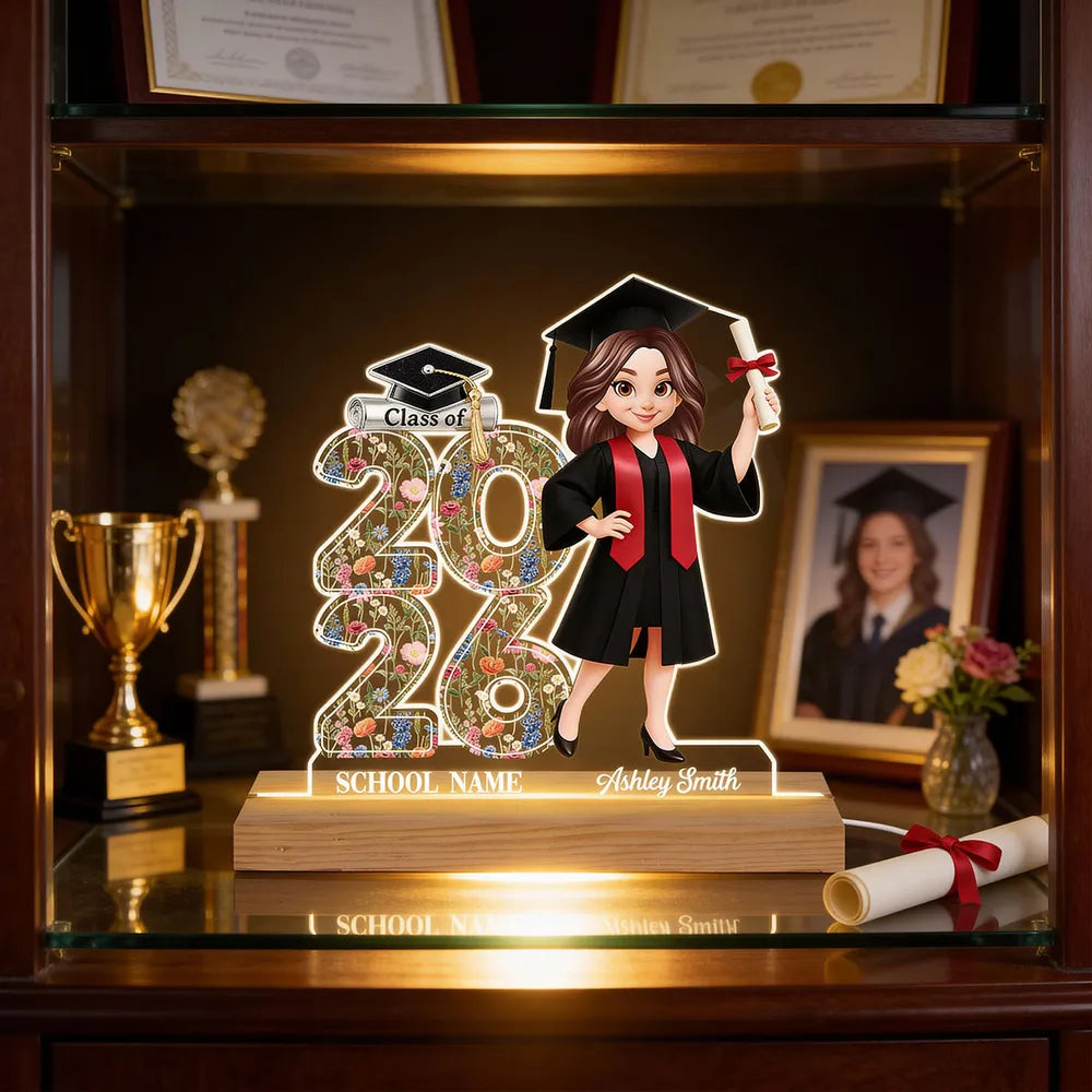 Class Of 2026 2027 Senior Floral - Personalized Acrylic Plaque LED Night Light - Graduation Gift For Graduates, Daughter