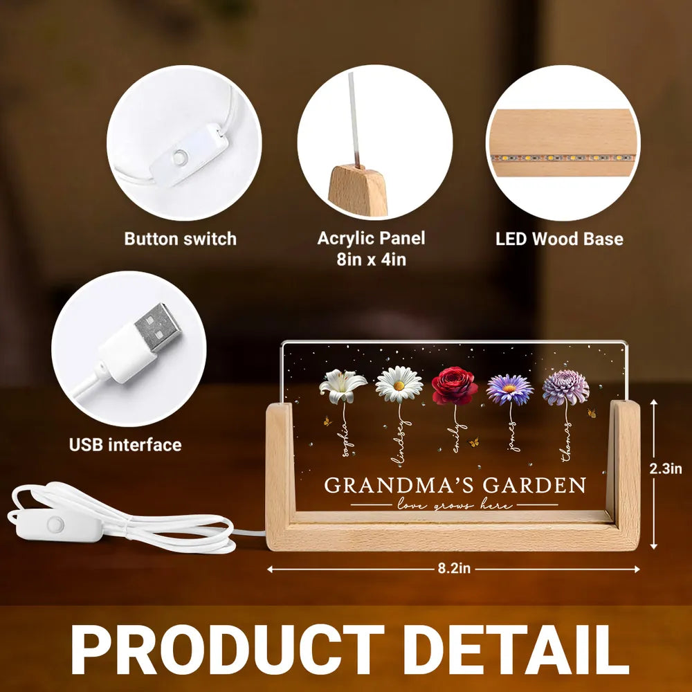 Grandma's Garden Beautiful 3D Effect Birth Flowers - Personalized Acrylic Plaque LED Night Light - Gift For Grandma