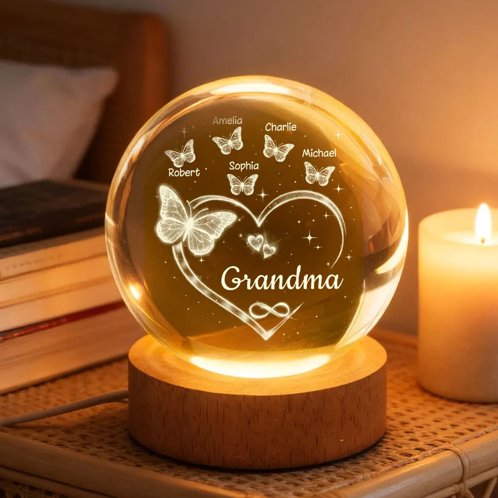 Grandma Butterfly Hearts with Grandkids' Names - Personalized Crystal Ball LED Night Light - Sentimental Gift for Grandma