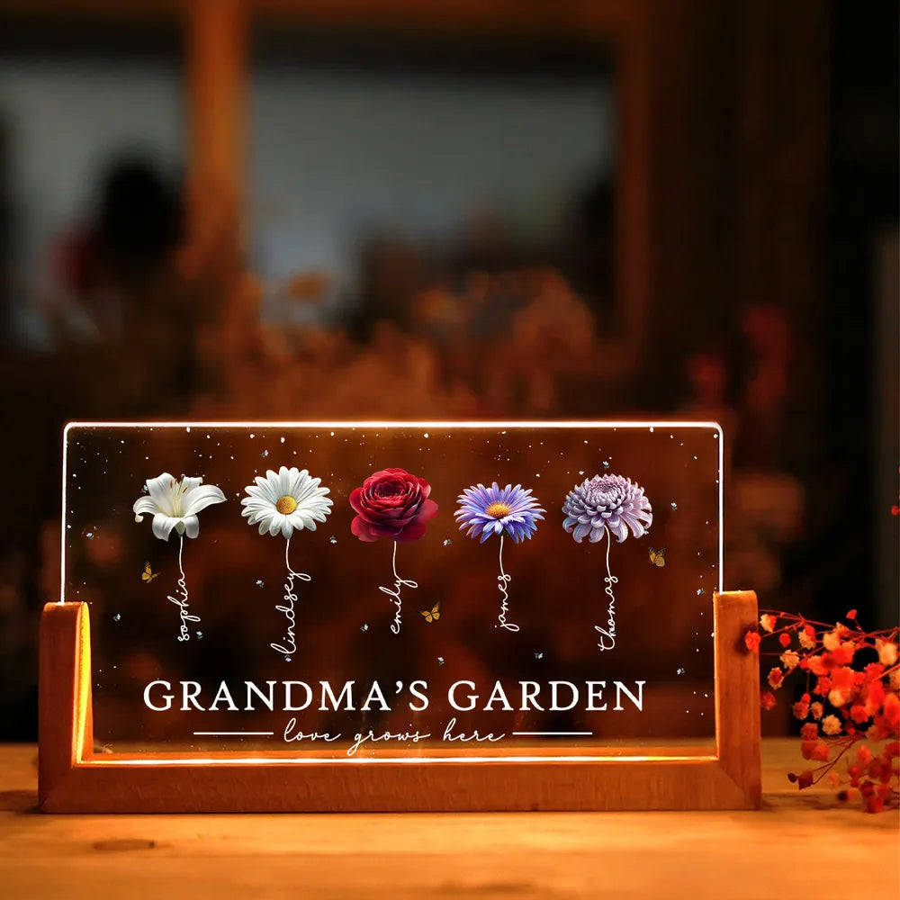 Grandma's Garden Beautiful 3D Effect Birth Flowers - Personalized Acrylic Plaque LED Night Light - Gift For Grandma